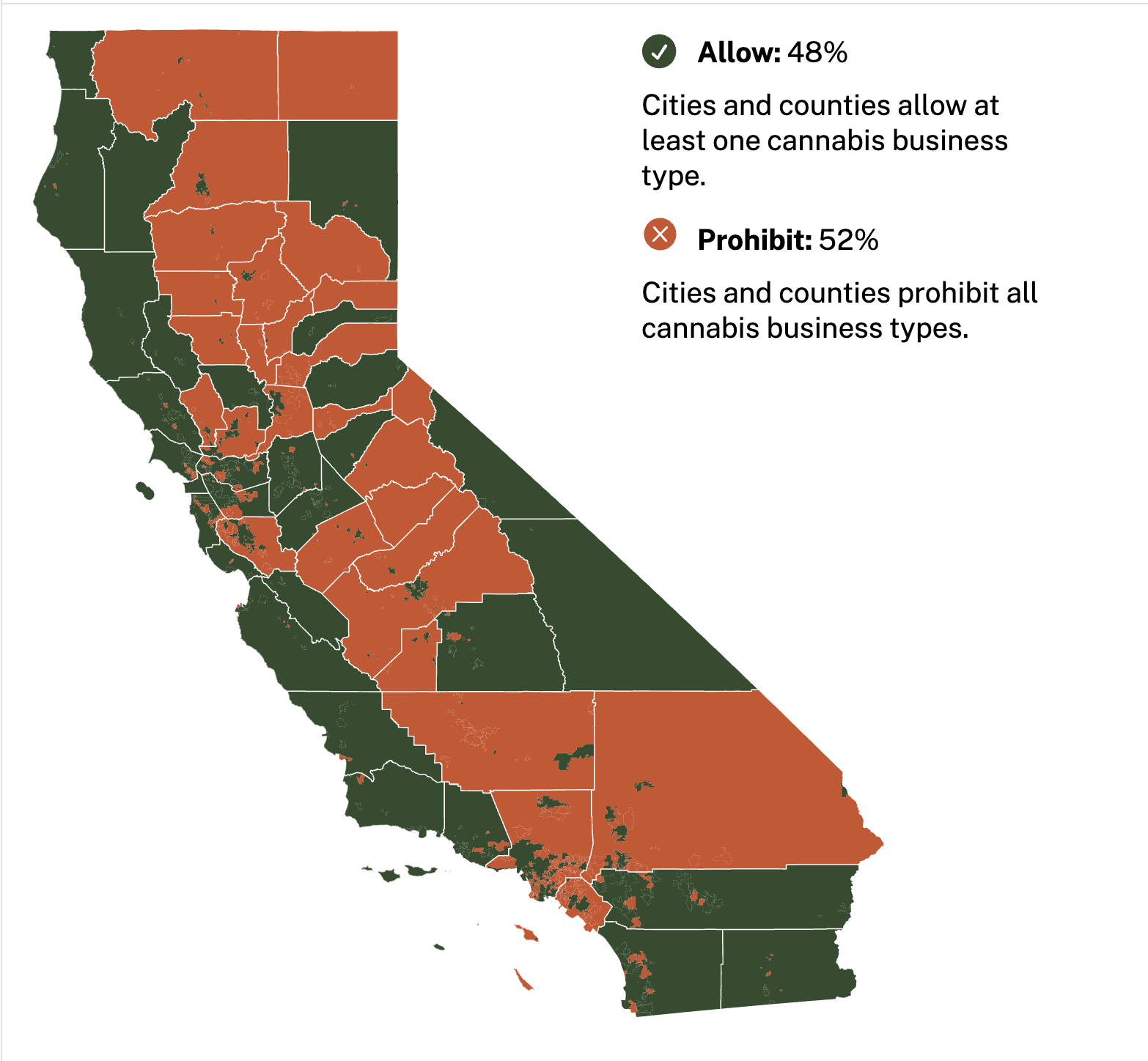 Map of California showing counties and cities allowing commercial cannabis