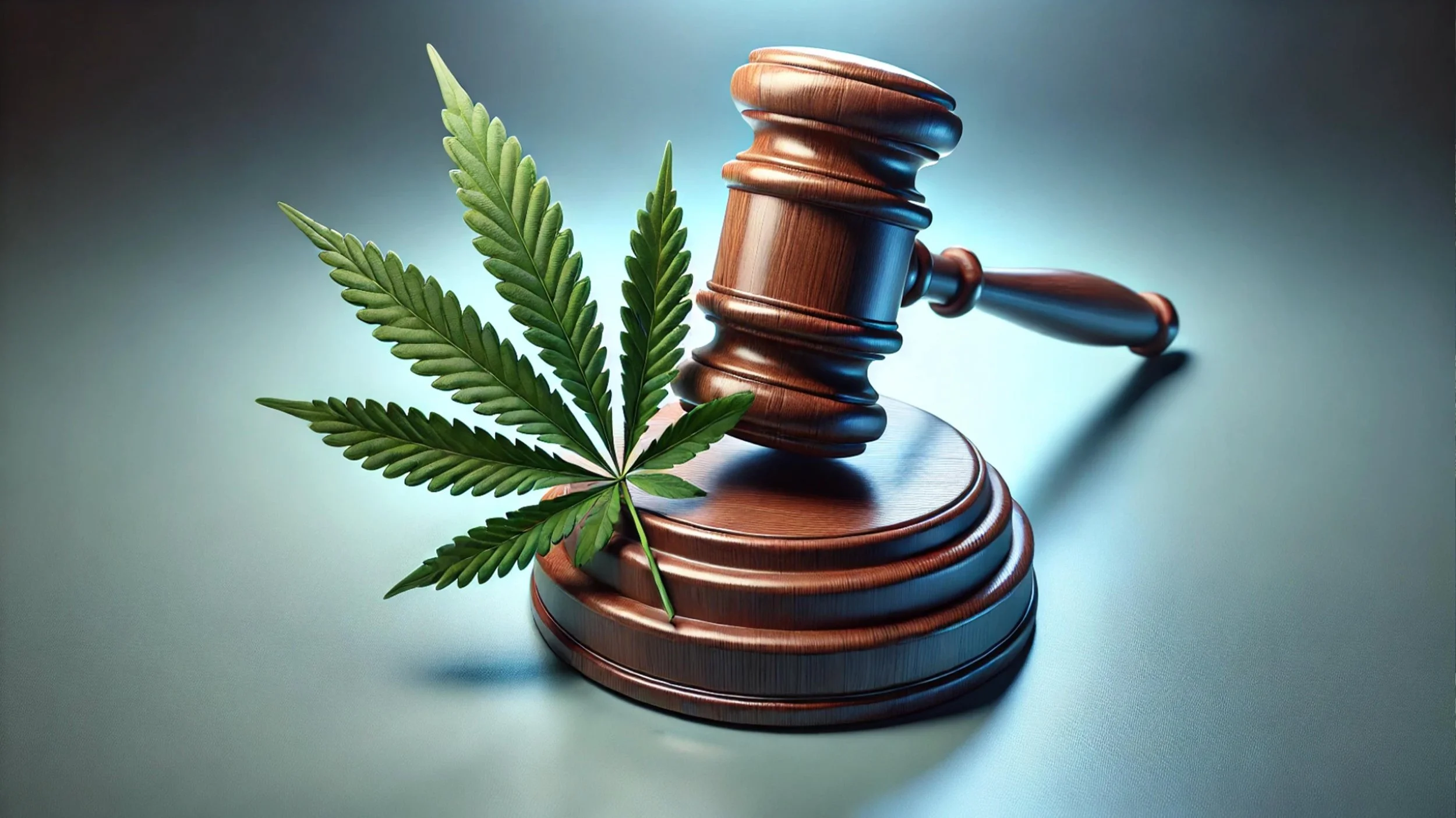 A gavel and a cannabis leaf featured together in a spotlight.