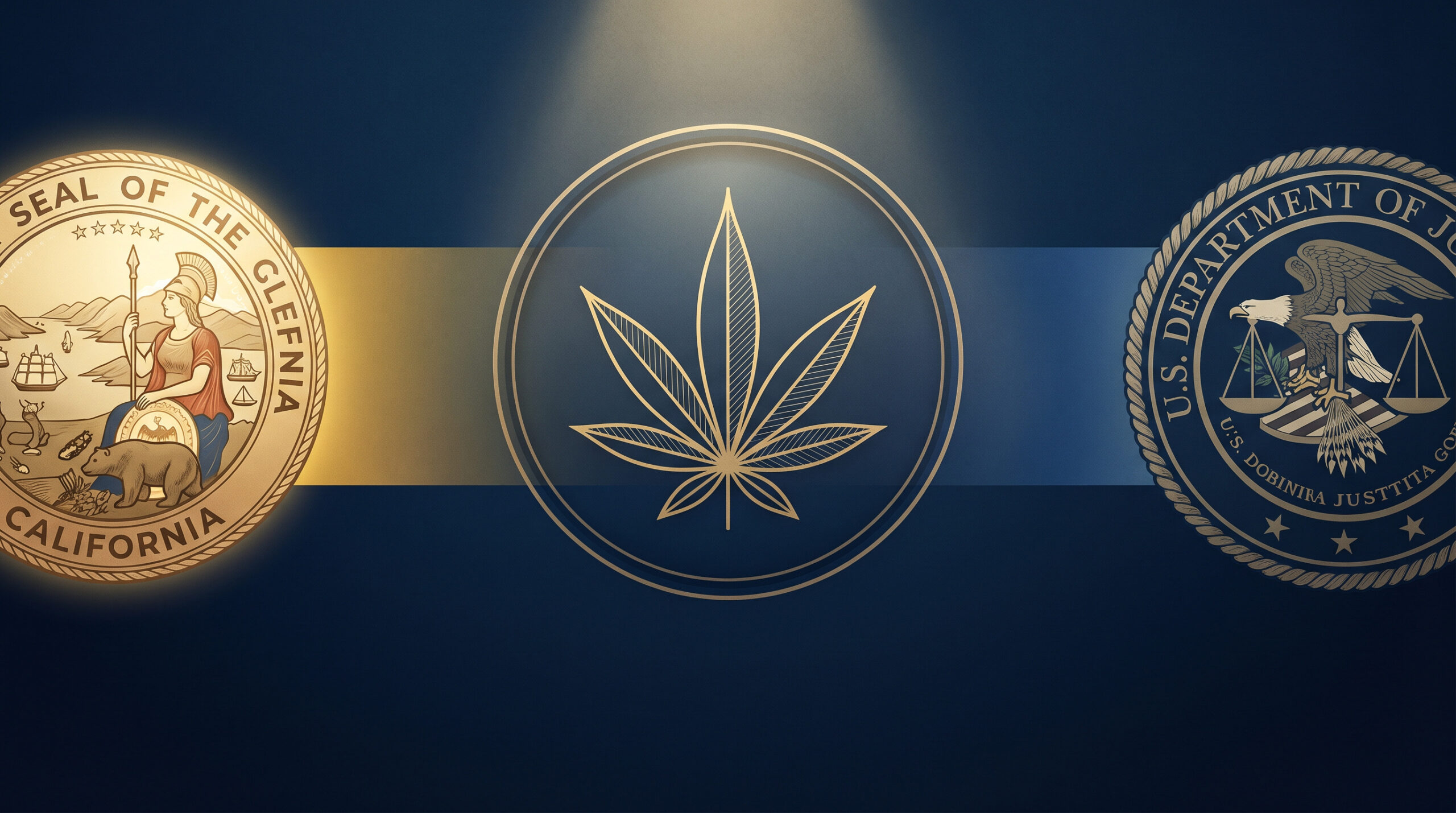 California state seal and U.S. Department of Justice scales of justice flanking a cannabis leaf on a navy blue background, representing the DOJ's rescheduling of marijuana under federal law.