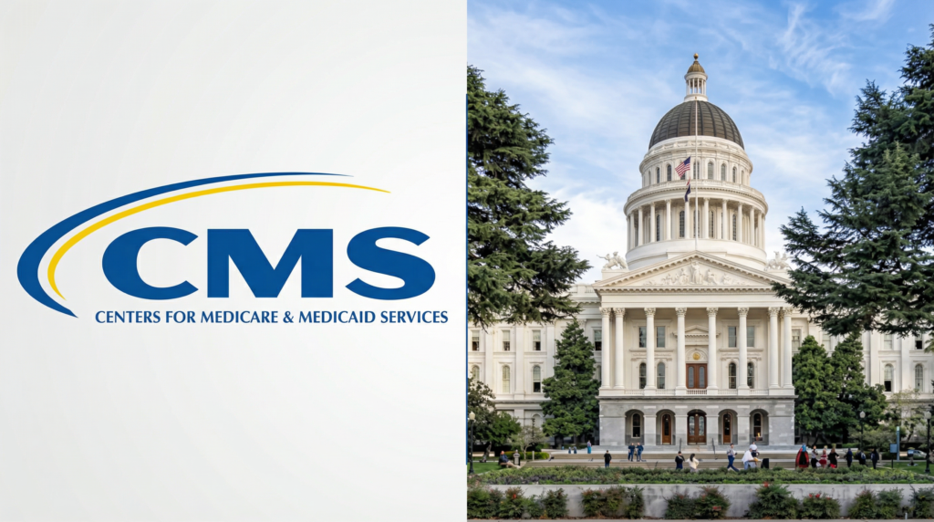 The Centers for Medicare and Medicaid Services logo juxtaposed with an image of the California State Capitol building