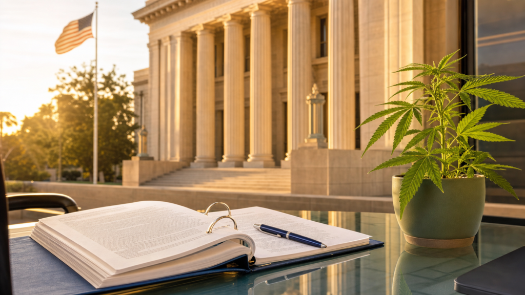 California state government building with legal documents and a cannabis leaf plant on a desk, representing cannabis and hemp regulatory compliance counsel in California.