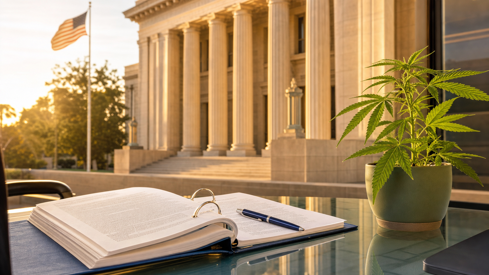 California state government building with legal documents and a cannabis leaf plant on a desk, representing cannabis and hemp regulatory compliance counsel in California.