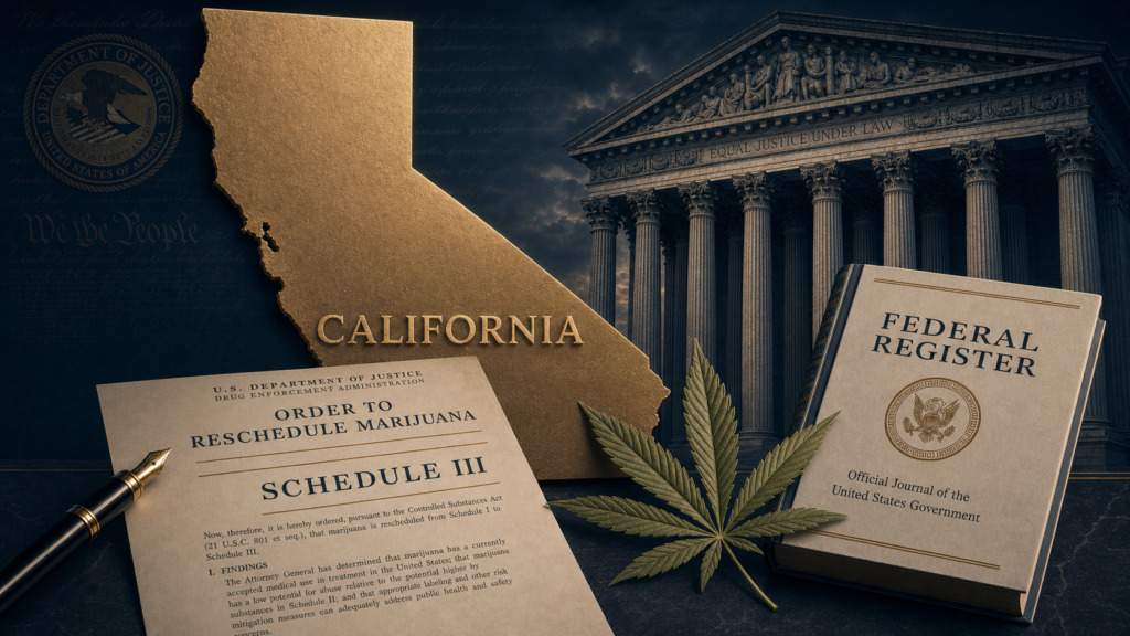 Federal regulatory document marked Schedule III alongside a botanical cannabis leaf and a large gold silhouette of California against a deep navy background, illustrating the April 2026 federal marijuana rescheduling order and its impact on California cannabis operators.