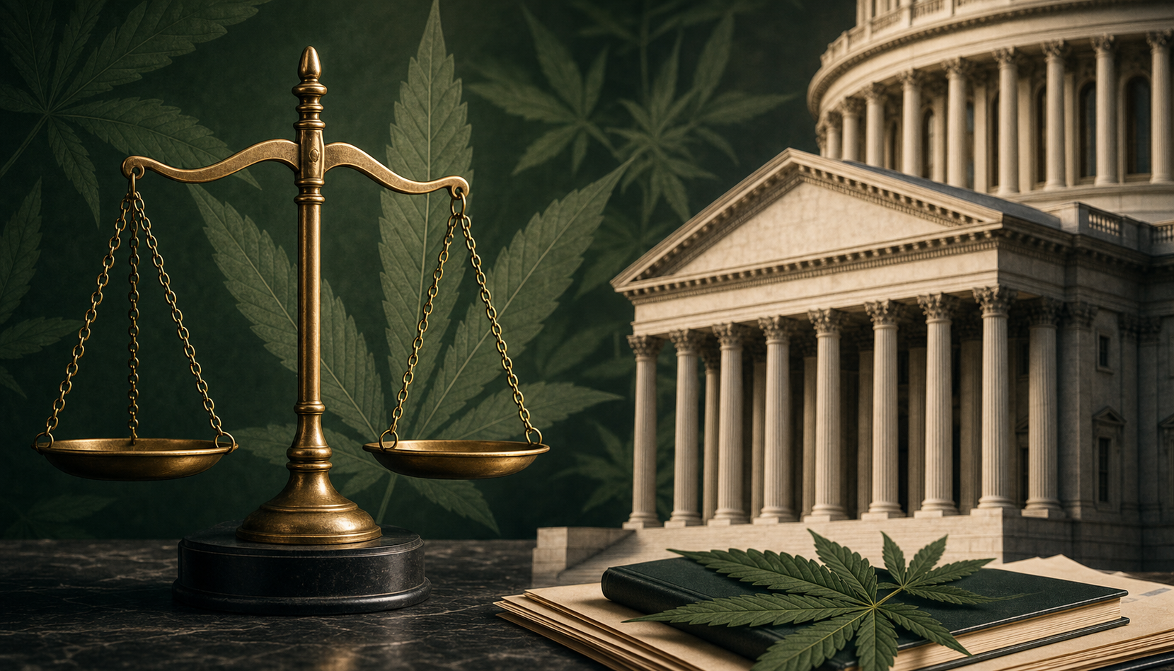 Scales of justice and federal Capitol building illustrating the cannabis 280E tax dispute over $1.6 billion in prior-year relief