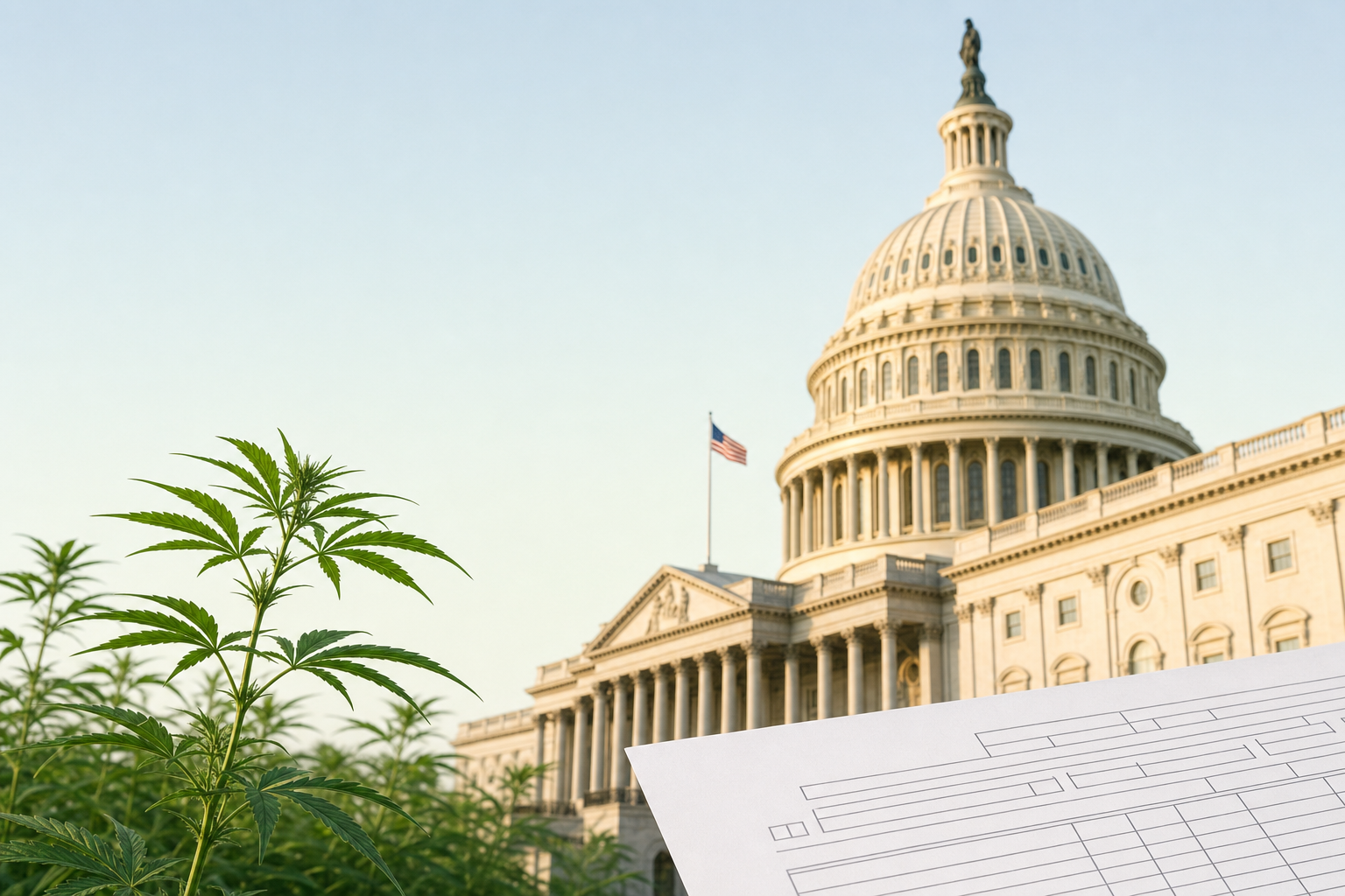 Cannabis plant before the U.S. Capitol with a federal tax form