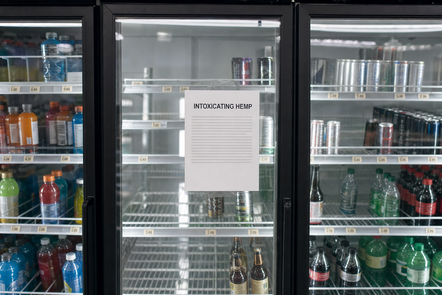 Documentary photograph of a convenience-store cooler section where the center glass door bears a taped white notice reading "INTOXICATING HEMP" above its empty shelves, while the coolers on either side remain fully stocked with bottled and canned drinks.