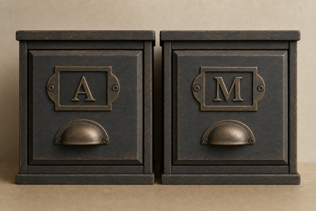 Two dark wooden drawers side by side on a warm neutral background, one labeled "A" and the other labeled "M" on brass plates, illustrating the separation of a single California cannabis retail license into distinct Adult-Use and Medicinal licenses under DCC-2026-03-E.