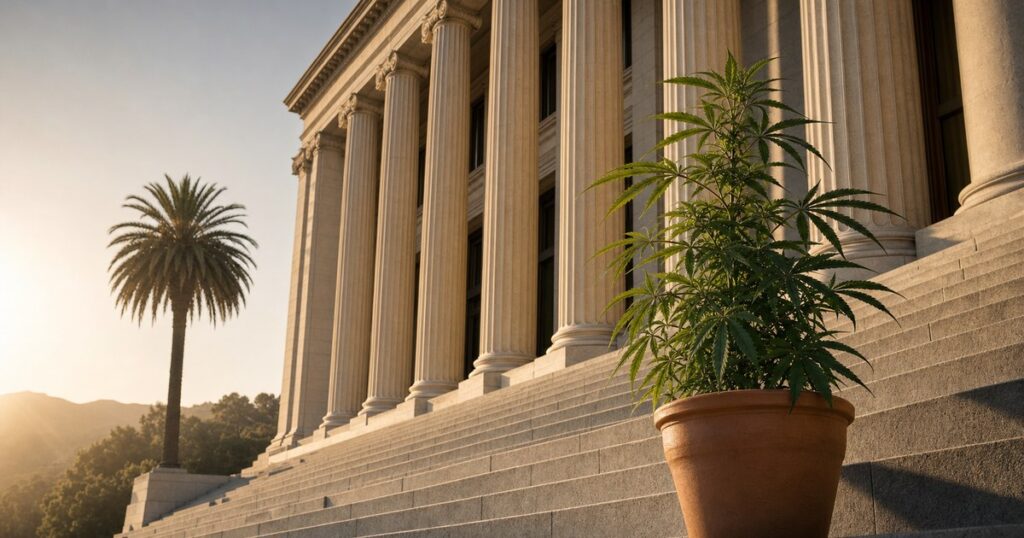 Potted cannabis plant on the steps of a California courthouse, representing cannabis business restructuring and receivership under state law.