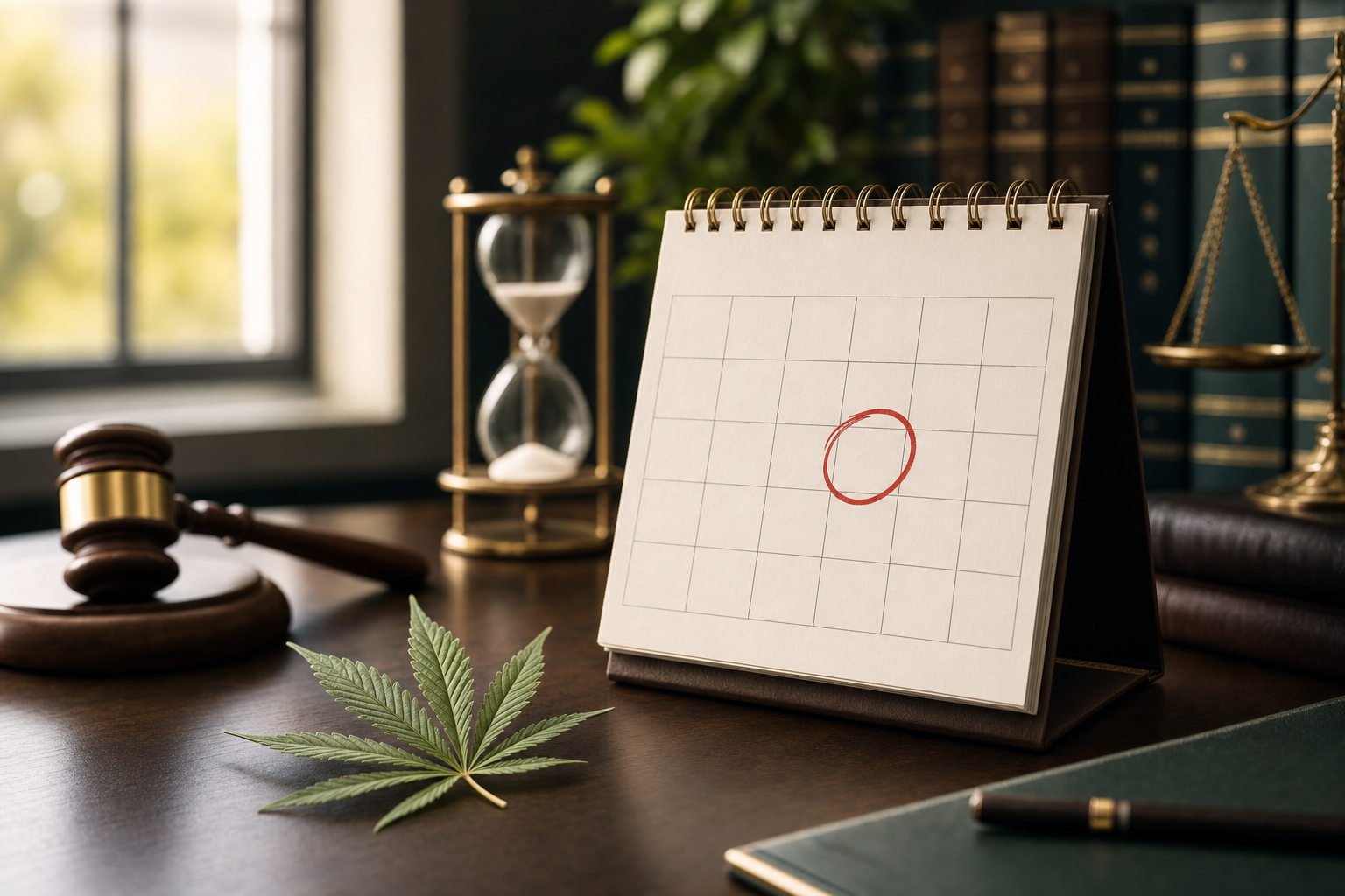 Desk calendar with a single date circled in red, beside an hourglass, a wooden gavel, scales of justice, and a hemp leaf on a dark wood desk — illustrating the federal hemp ban WARN Act layoff notice deadline for California businesses.