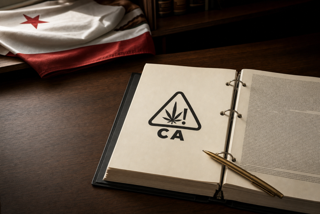 Open California cannabis regulation binder showing the state-mandated CA universal compliance symbol beside the California Bear Flag, illustrating SB 1064 and AB 179 rulemaking by the Department of Cannabis Control.