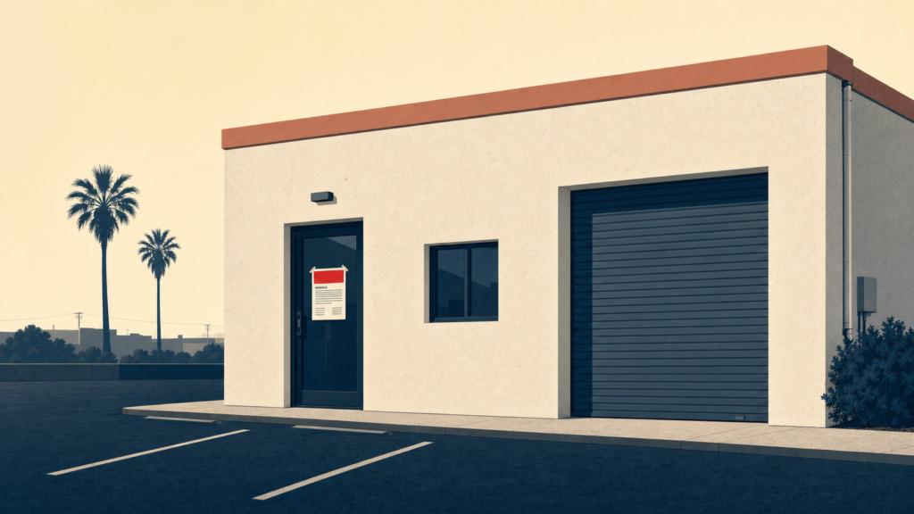 Flat editorial illustration of a small California commercial building with a red-banded municipal citation taped to the front door, palm trees on the horizon.