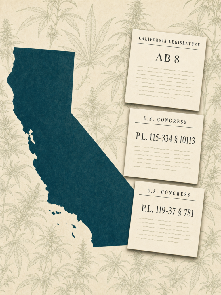 Illustration of the state of California in deep teal against a background of hemp plants, with three legislative documents stacked to the right: California AB 8, federal Public Law 115-334 § 10113 (the 2018 Farm Bill's hemp provision), and federal Public Law 119-37 § 781.