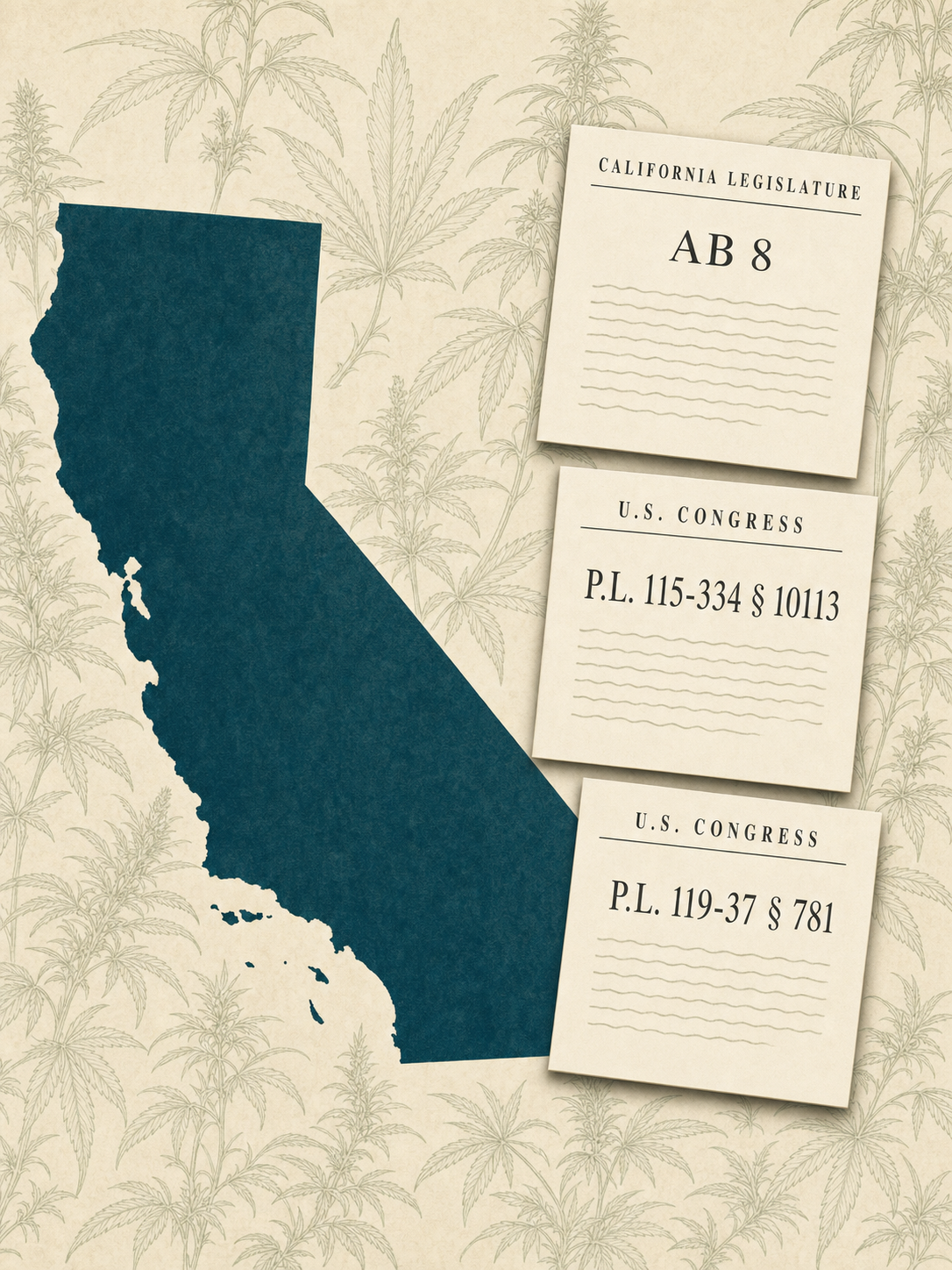 Illustration of the state of California in deep teal against a background of hemp plants, with three legislative documents stacked to the right: California AB 8, federal Public Law 115-334 § 10113 (the 2018 Farm Bill's hemp provision), and federal Public Law 119-37 § 781.