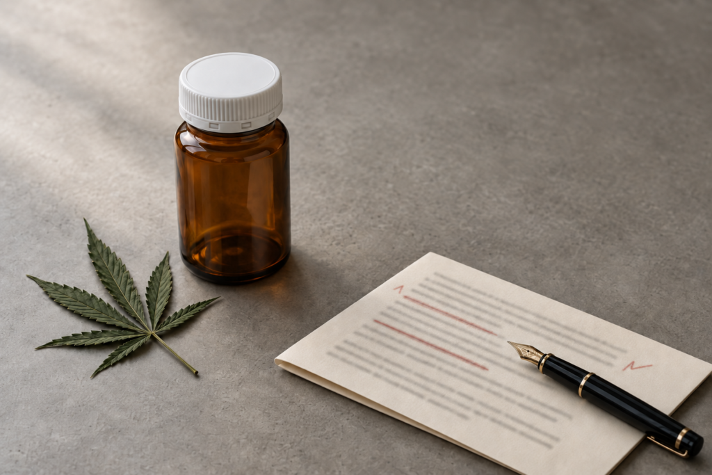 Amber child-resistant cannabis container beside a legal document marked with red-ink strikethrough edits — illustrating California AB 2249 cannabis packaging rules.