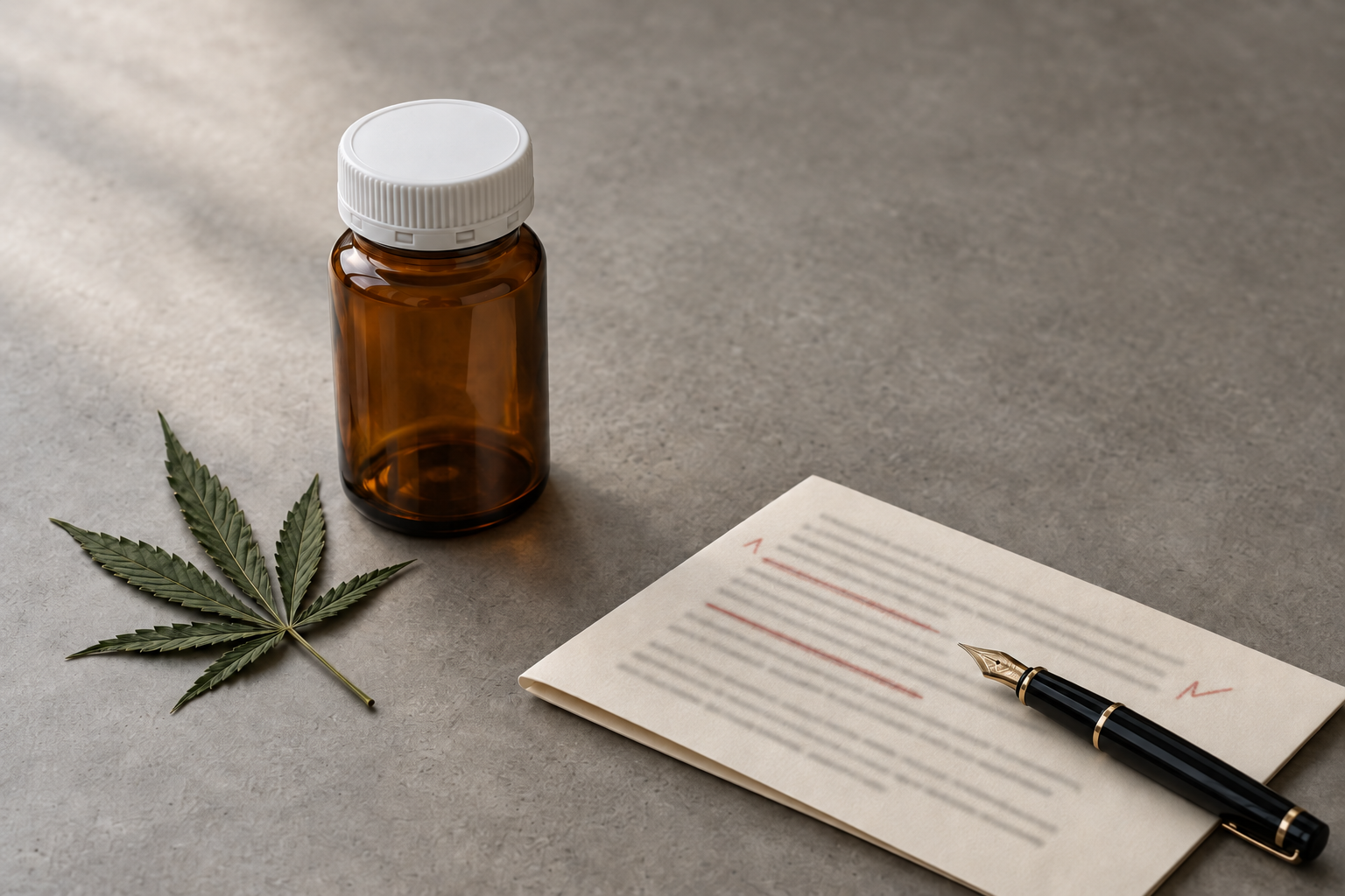 Amber child-resistant cannabis container beside a legal document marked with red-ink strikethrough edits — illustrating California AB 2249 cannabis packaging rules.