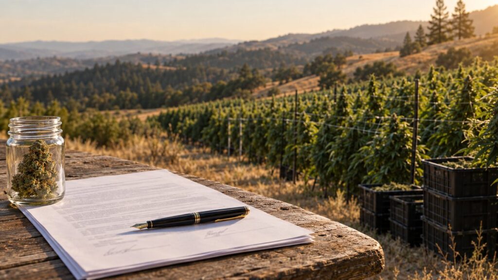 Signed cannabis harvest purchase agreement on a farm table beside an outdoor California cannabis farm at harvest