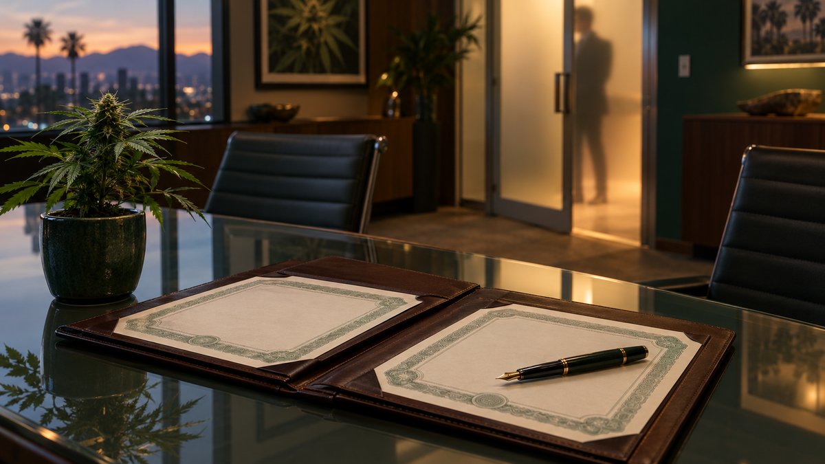 Boardroom table with blank share certificates and a fountain pen beside a cannabis plant, as a figure in a suit waits outside a half-open door.